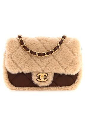 NWT AUTHENTIC Chanel Mini Brown Shearling Flap Bag